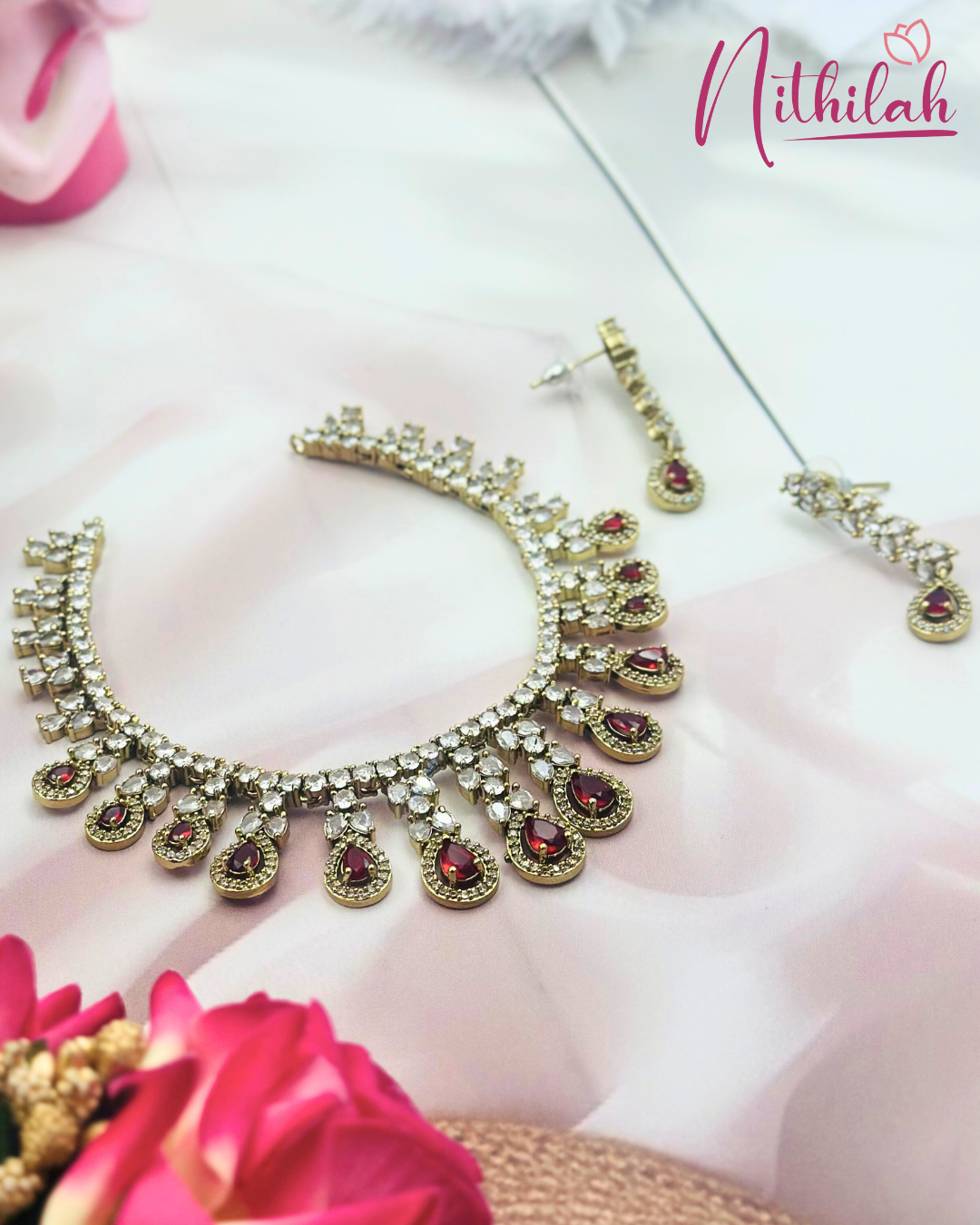 Gold tone Red American Diamond Necklace