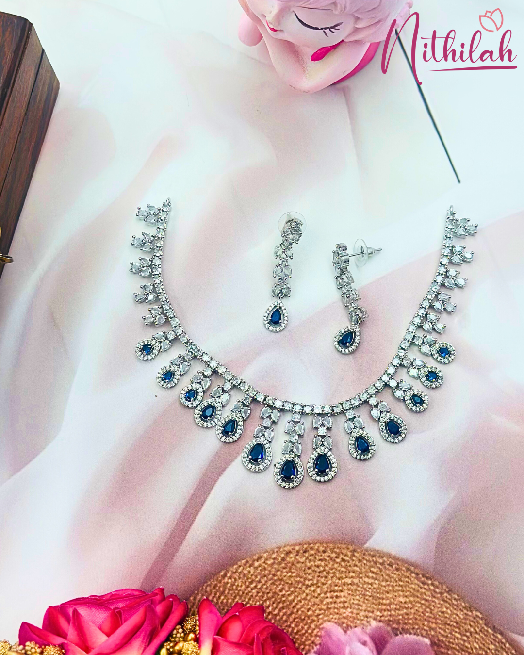 Silver tone Blue American Diamond Necklace