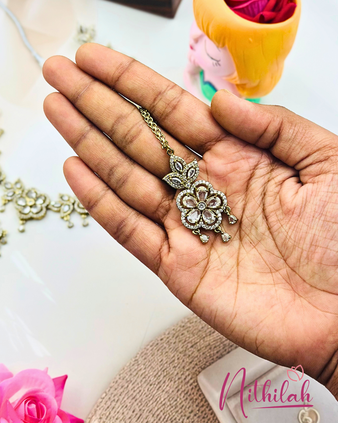 Victorian finish White AD Floral necklace