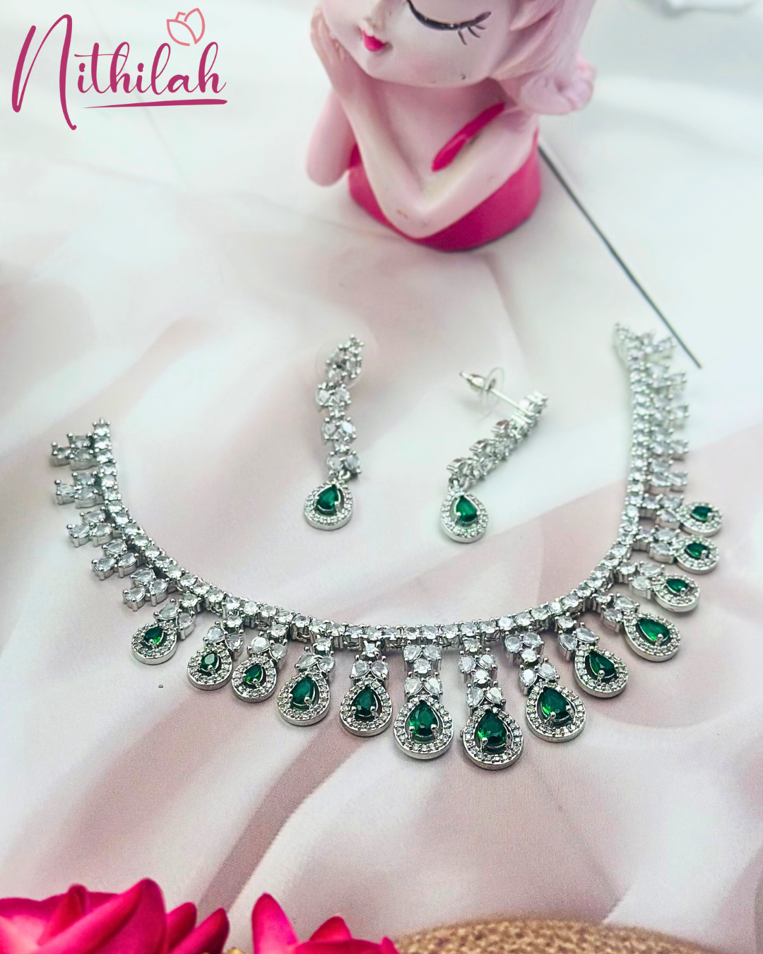 Silver tone Green American Diamond Necklace