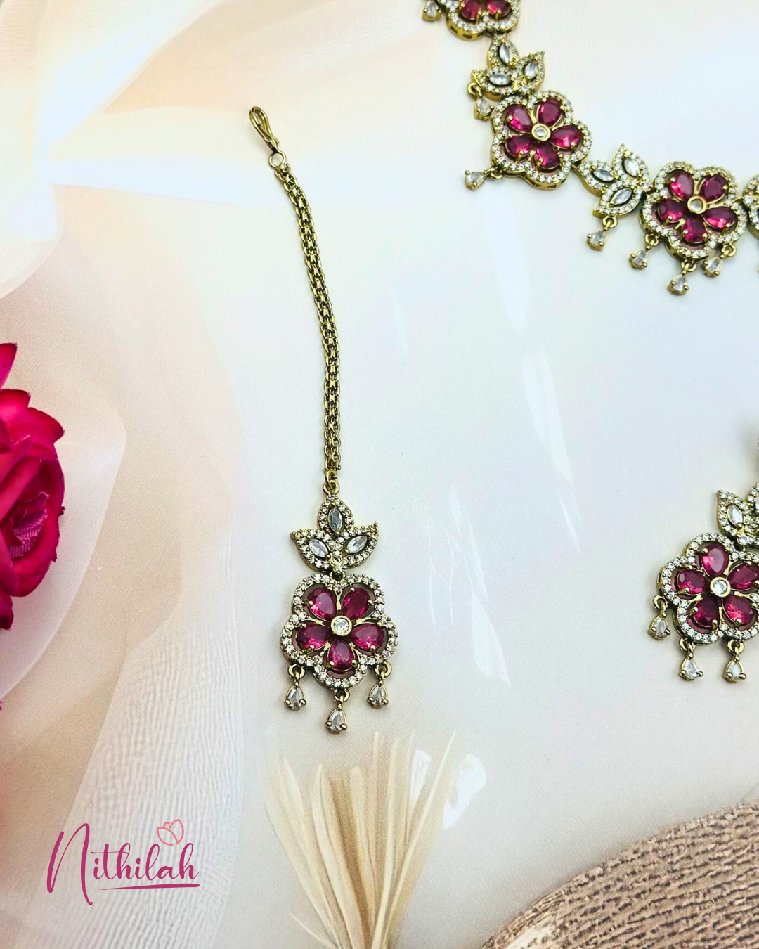 Victorian finish Pink AD Floral necklace