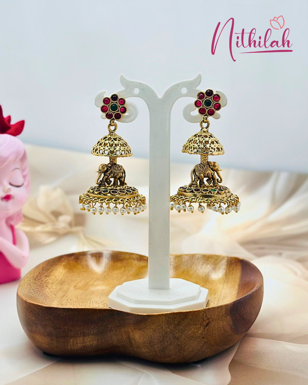 Ruby Floral Elephant Jhumka with Pearls Hangings
