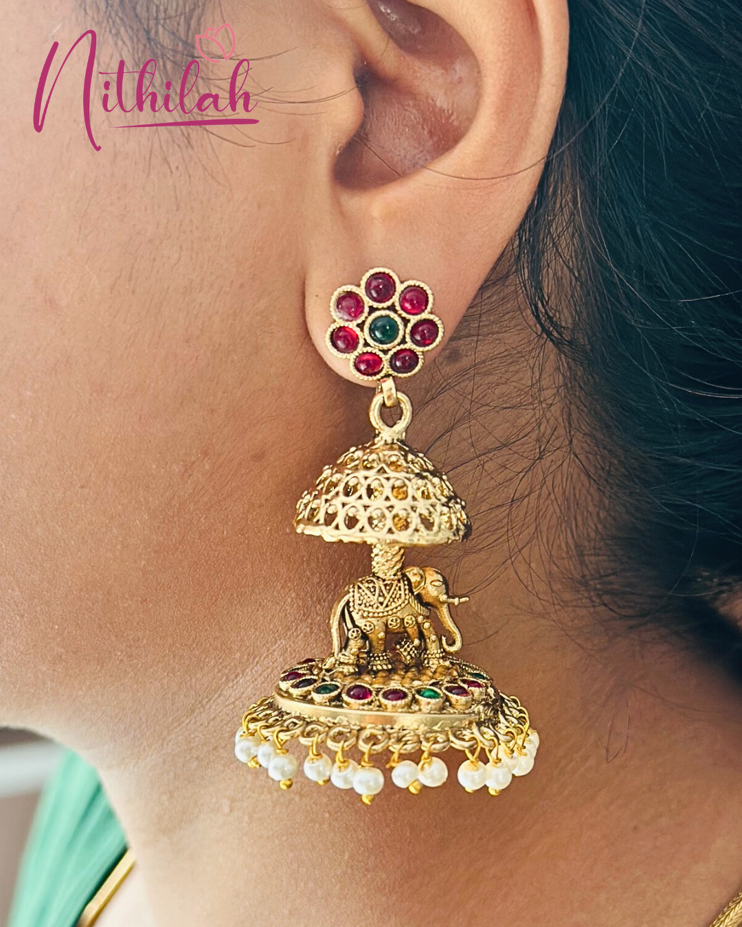 Ruby Floral Elephant Jhumka with Pearls Hangings