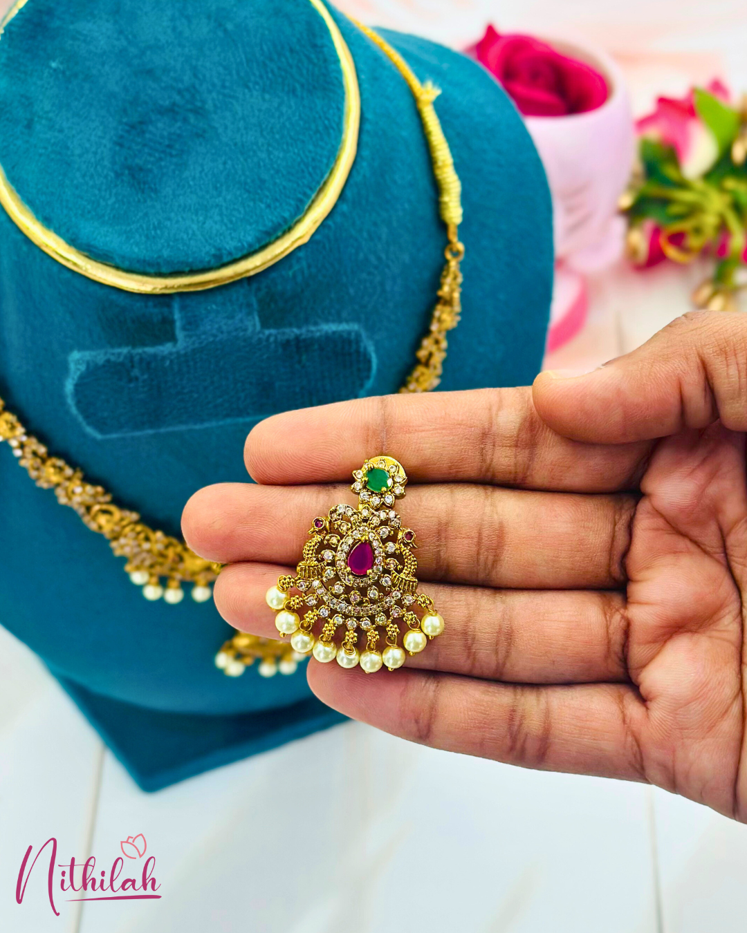 Matte Gold Peacock Temple Necklace Set