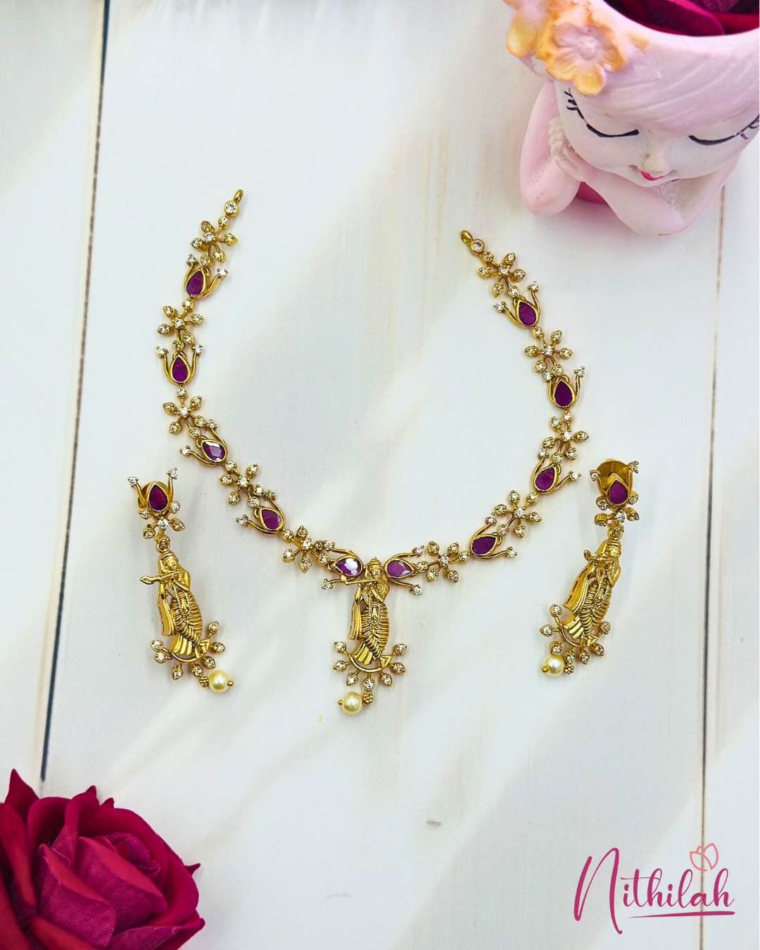Gold Plated Krishna Temple Ruby Stone Necklace Set with Pearl Drops