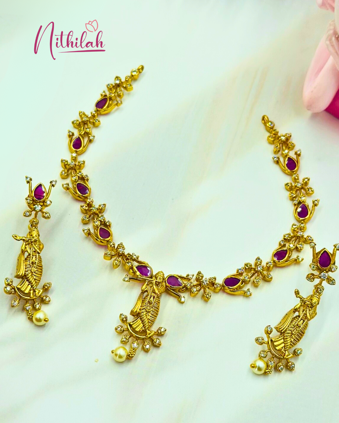 Gold Plated Krishna Temple Ruby Stone Necklace Set with Pearl Drops