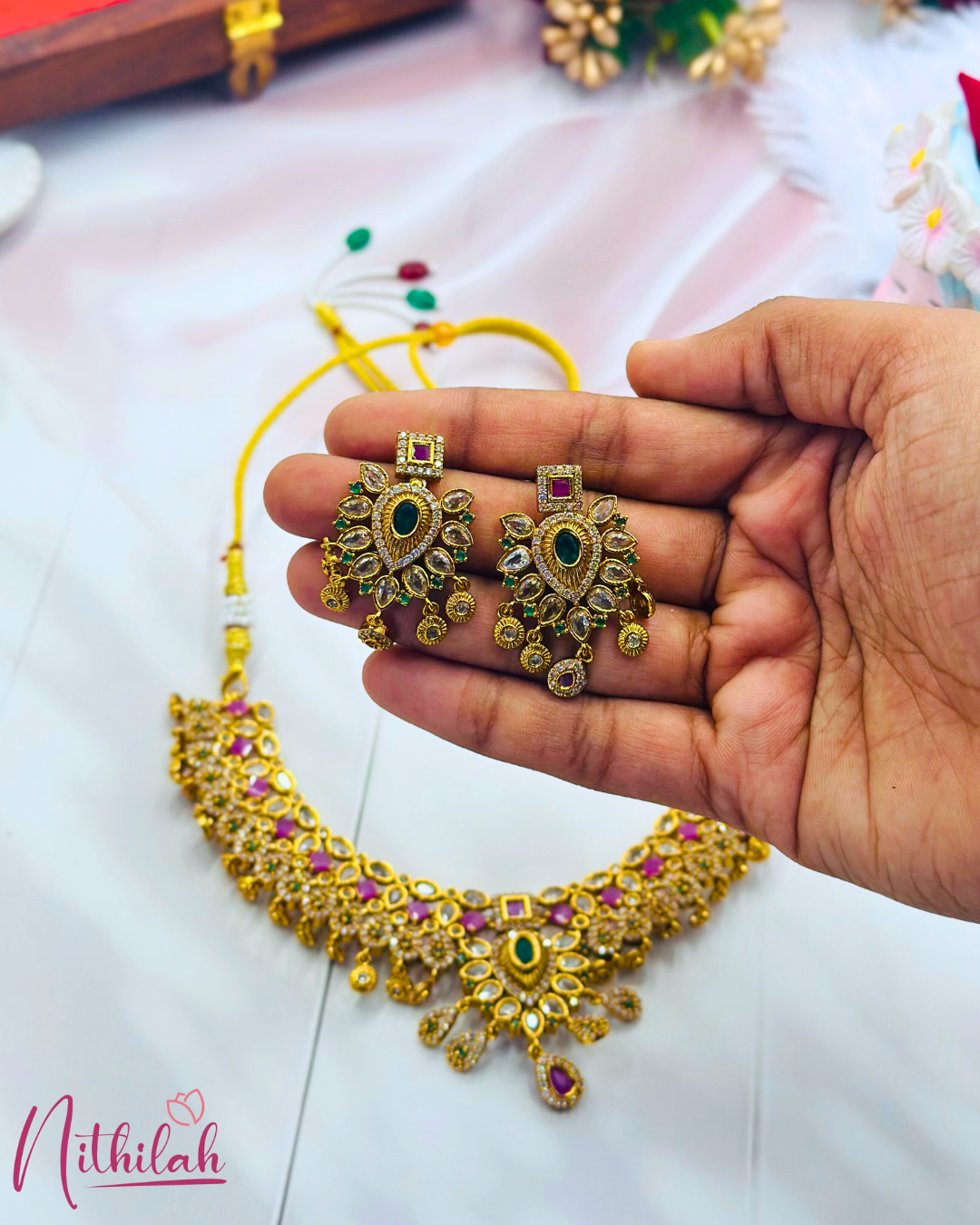 Bridal Gold Plated Emerald Ruby CZ Statement Necklace Set for Women