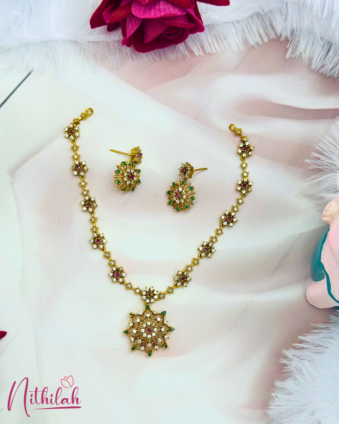 Gold Plated Ruby Green Starburst Pendant Necklace Set for Women