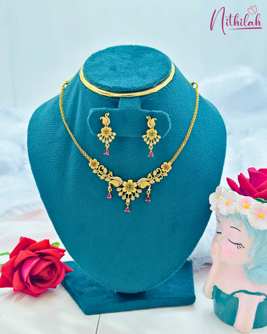 Gold Plated Peacock Floral Necklace Set with Pink Stone Drops