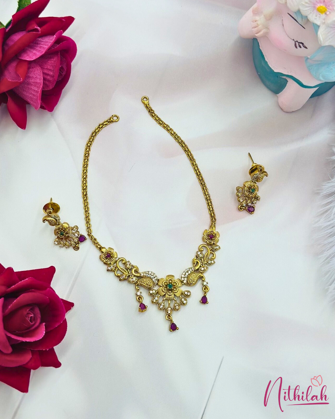 Gold Plated Peacock Floral Necklace Set with Pink Stone Drops