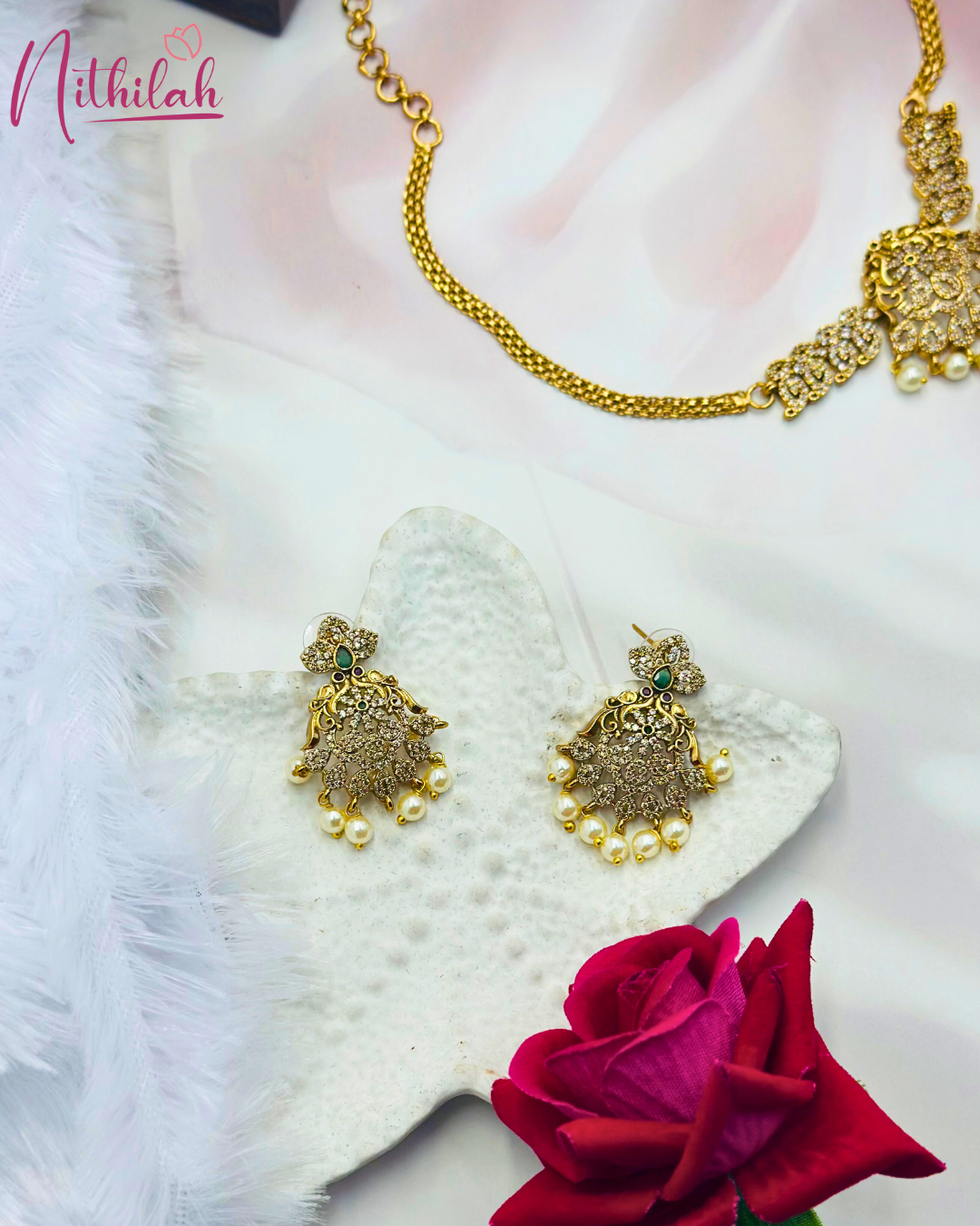 Gold Plated Mango Design CZ Necklace Set with Pearl Drops for Women