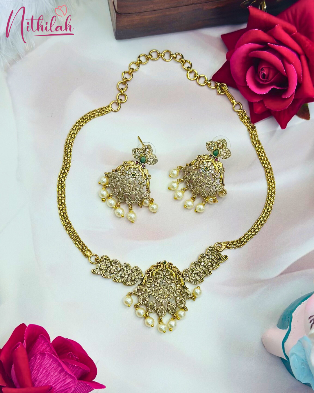 Gold Plated Mango Design CZ Necklace Set with Pearl Drops for Women