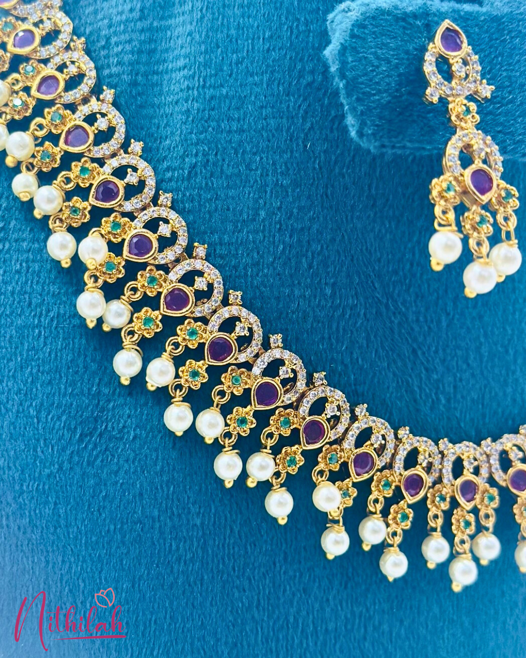 Heavy Bridal CZ Choker Necklace Set with Ruby Green Stones & Pearl Drops