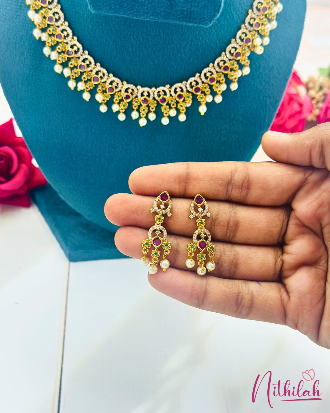 Heavy Bridal CZ Choker Necklace Set with Ruby Green Stones & Pearl Drops