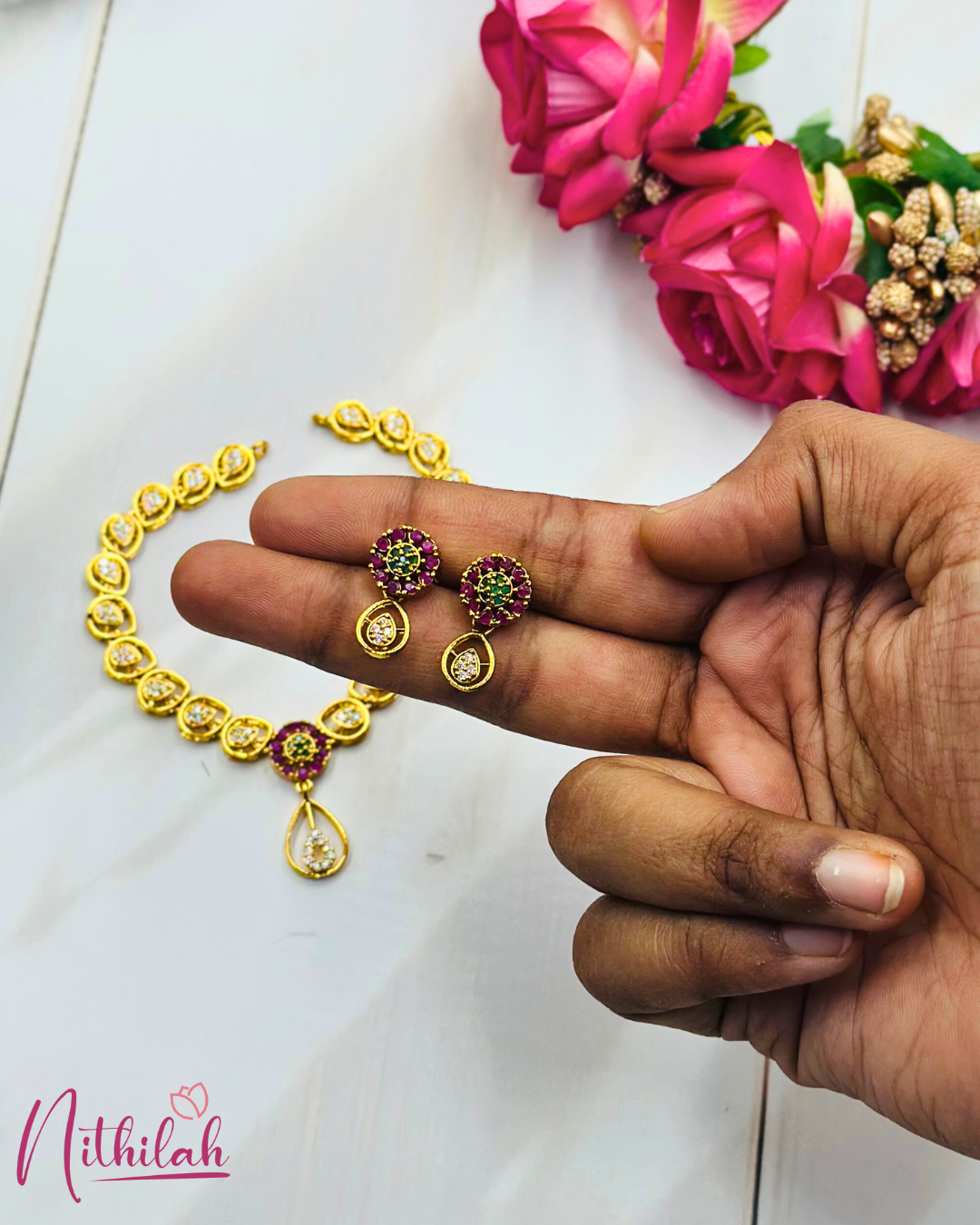 Gold Finish CZ Teardrop Bridal Necklace Set with Pendant