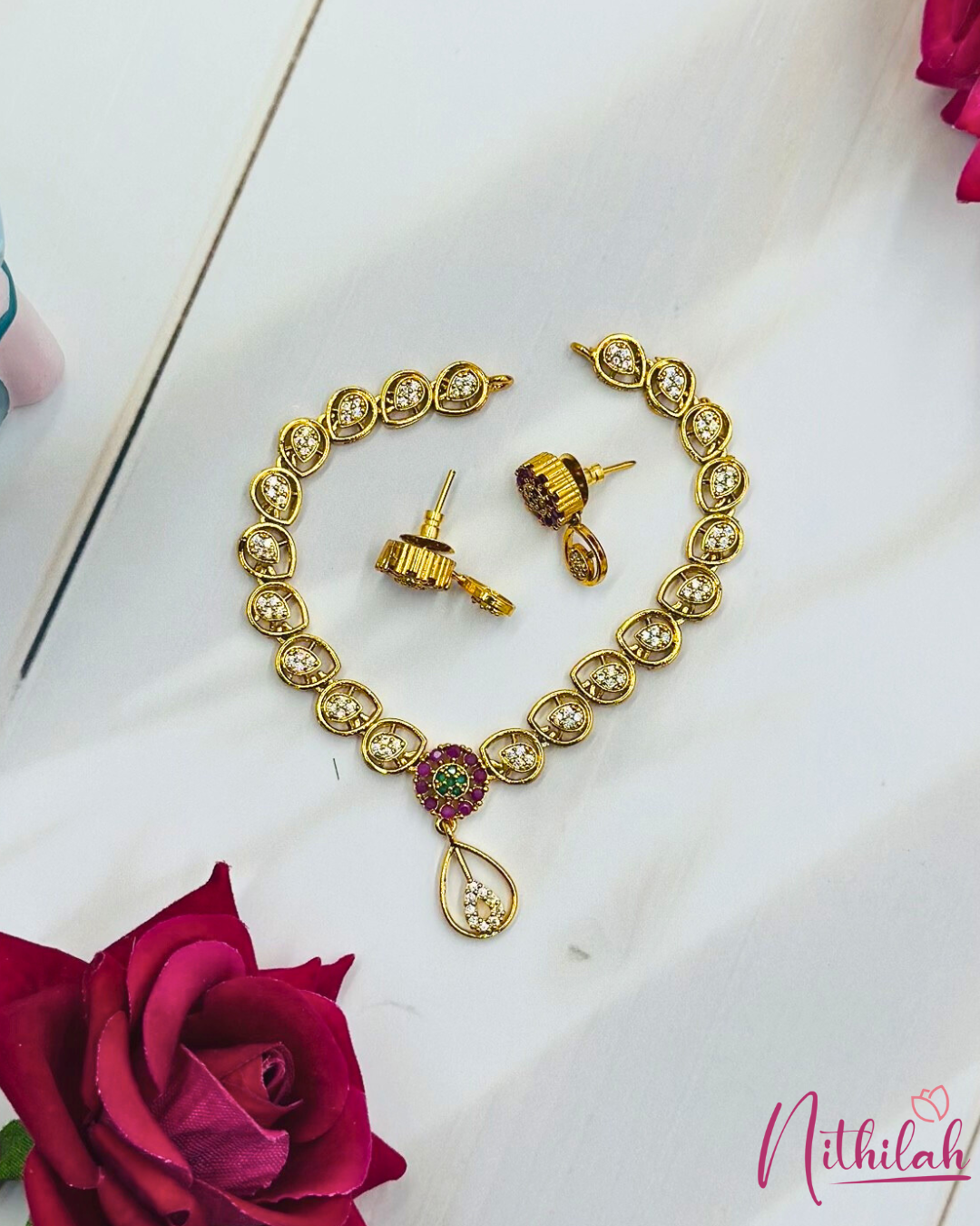 Gold Finish CZ Teardrop Bridal Necklace Set with Pendant