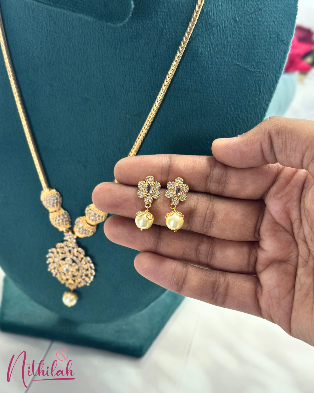 Gold Finish Long Haram CZ Pendant Necklace Set with Pearl Drop