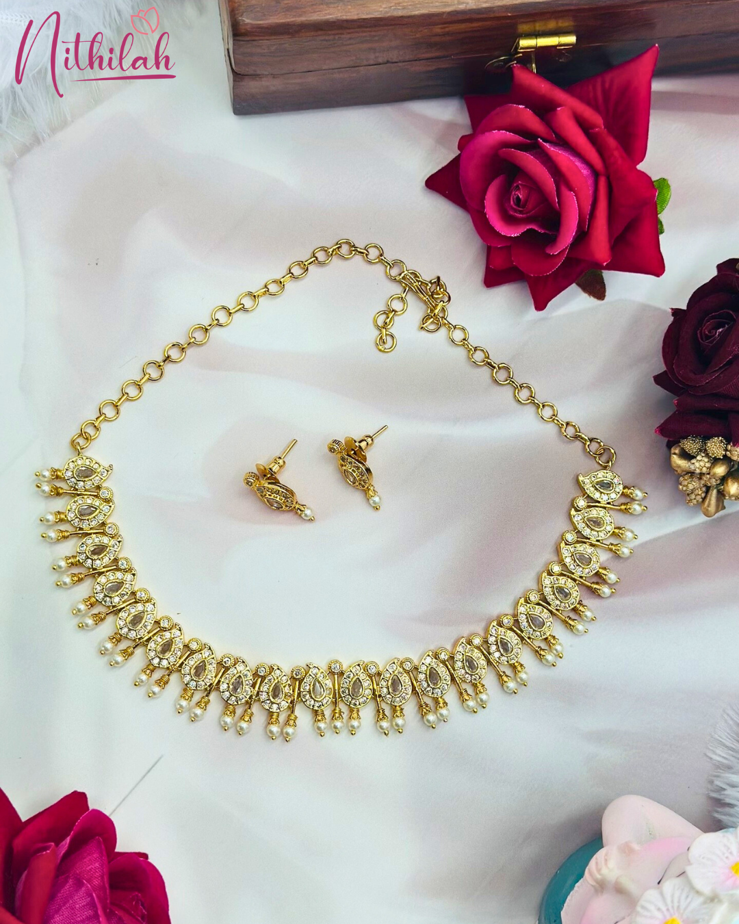 Gold Finish Teardrop CZ Choker Necklace Set with Pearl Drops
