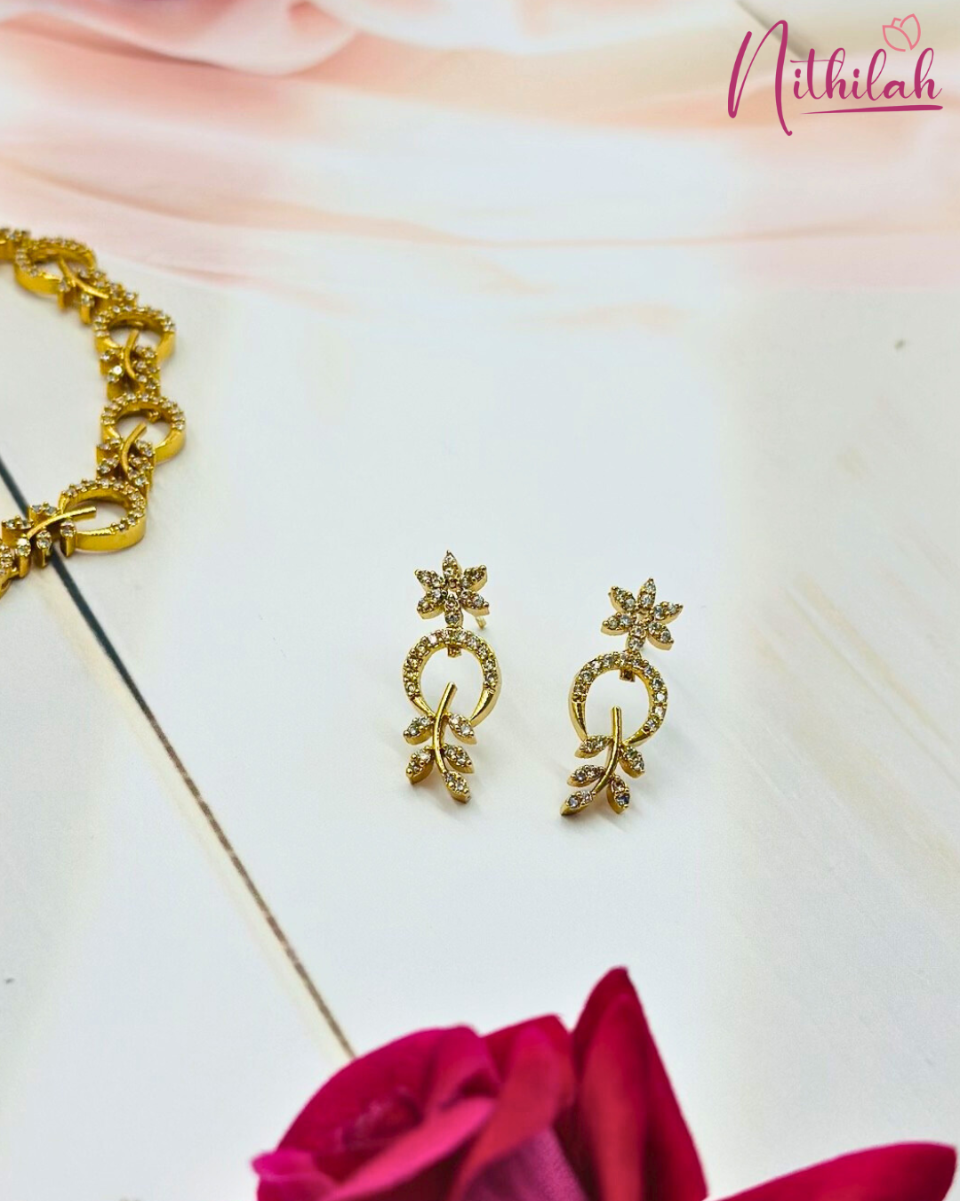 Gold Finish CZ Circular Link Necklace Set for Women