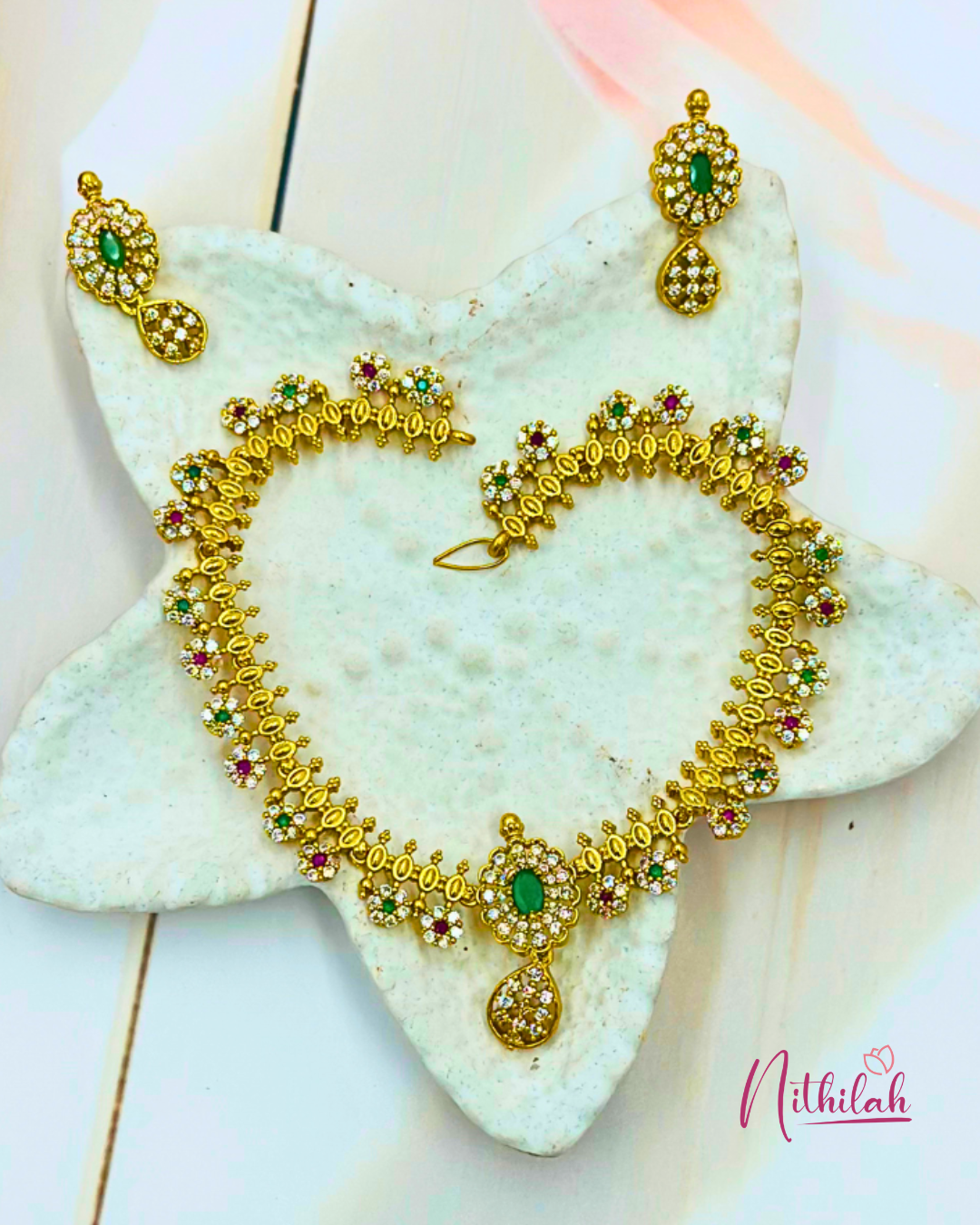 Gold Finish Floral CZ Necklace Set with Green Stone Pendant