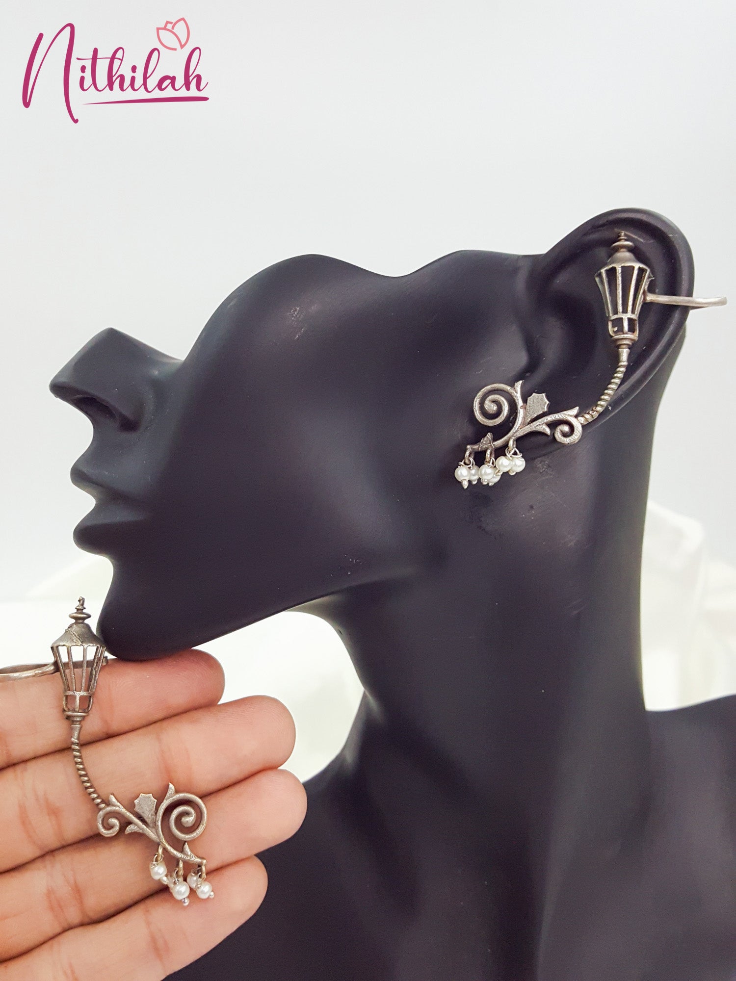 Oxidised Lamp Earcuff Earrings with Pearl