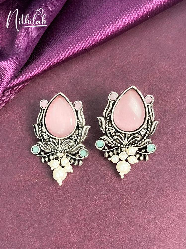 PINK AND MINT STONE OXIDISED DROPE EARRING DESIGN