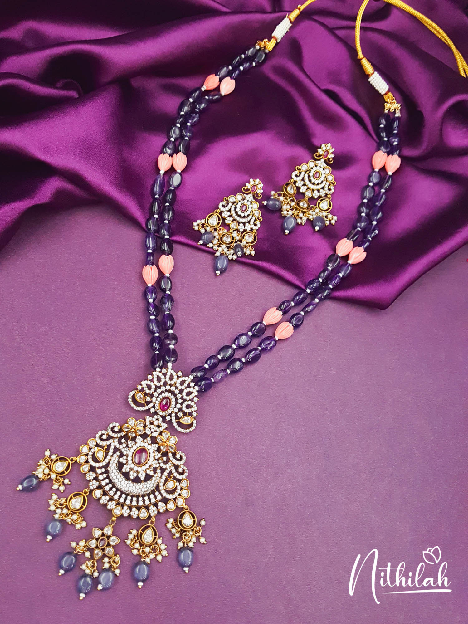 Peacock Design 2 Layer Purple Moissanite Beads Victorian Haram