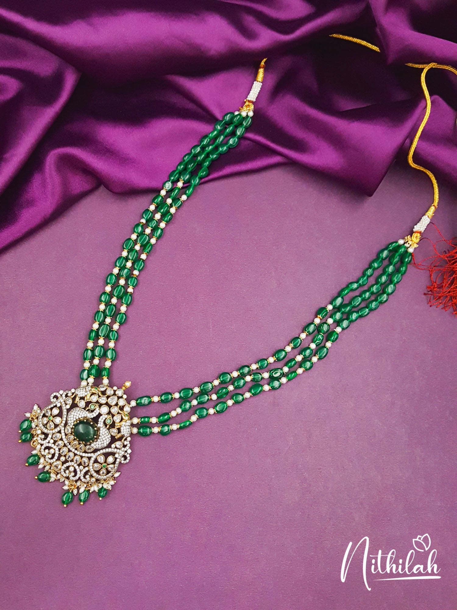 Peacock Design 2 Layer Maroon Moissanite Beads Victorian Haram