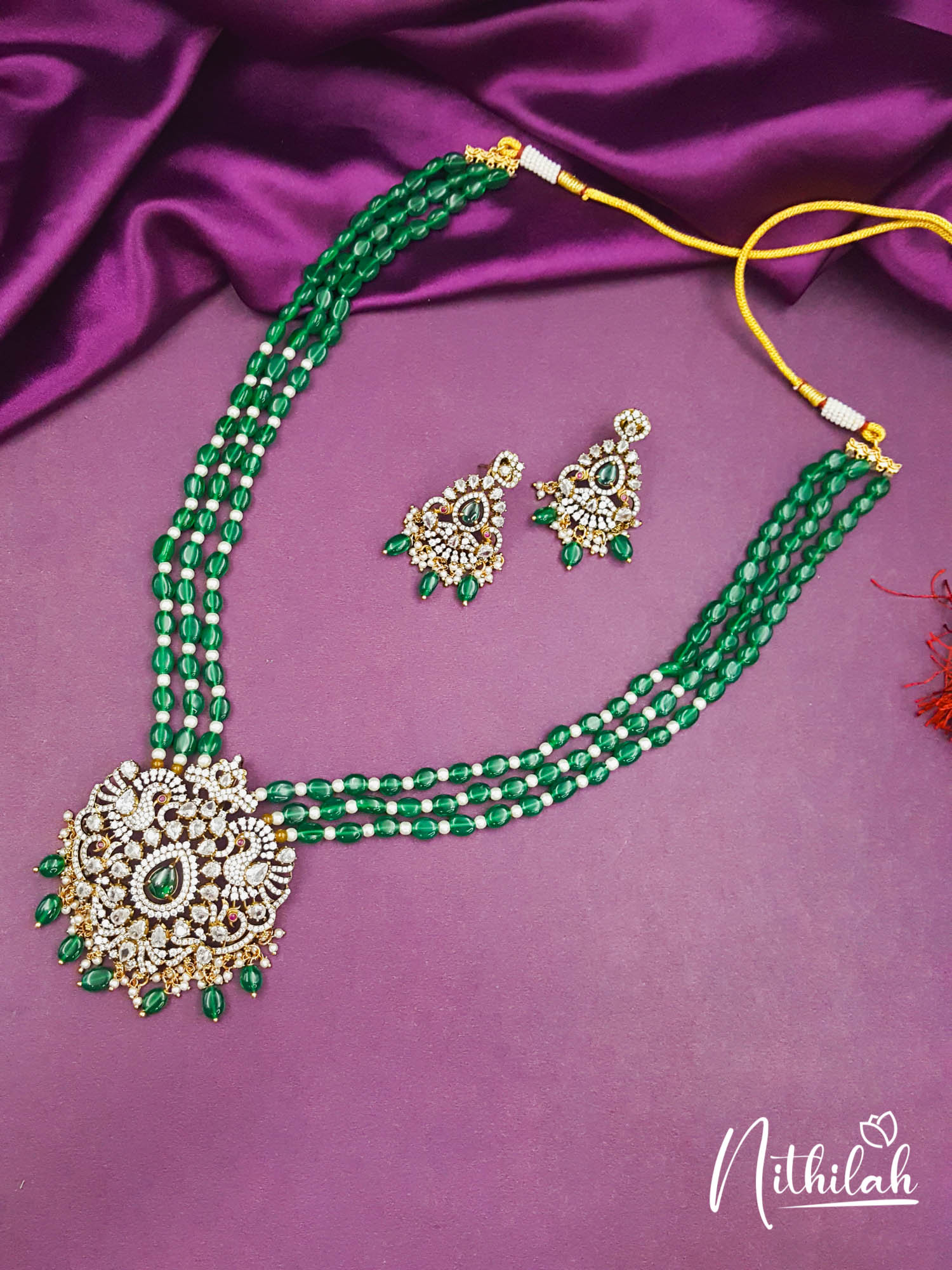 Peacock Design 3 Layer Green Moissanite Beads Victorian Haram