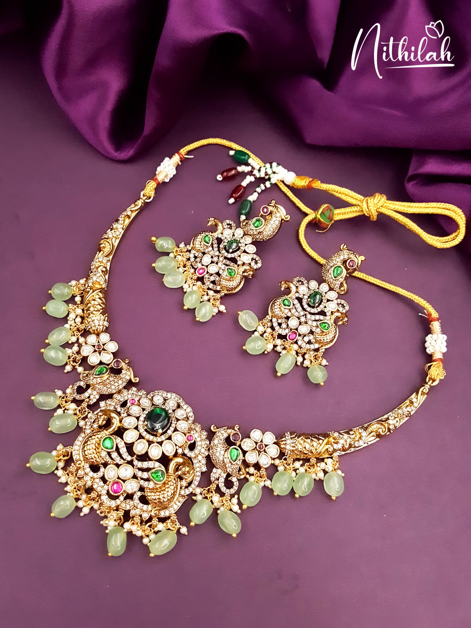 Peacock Design South Indian Traditional Victorian With MOISSANITE Bead Necklace
