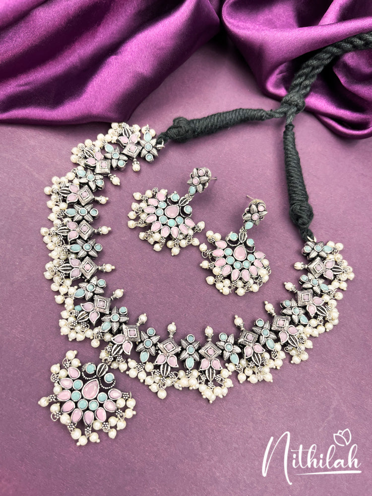 Pink and Mint Guttapusalu Oxidised Necklace