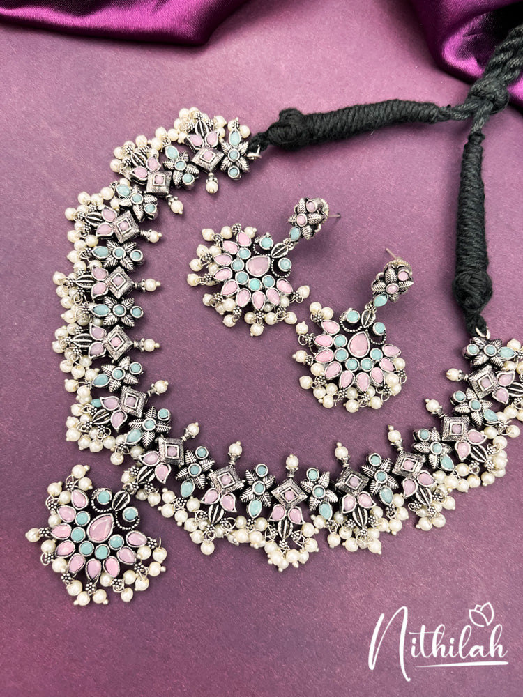 Pink and Mint Guttapusalu Oxidised Necklace