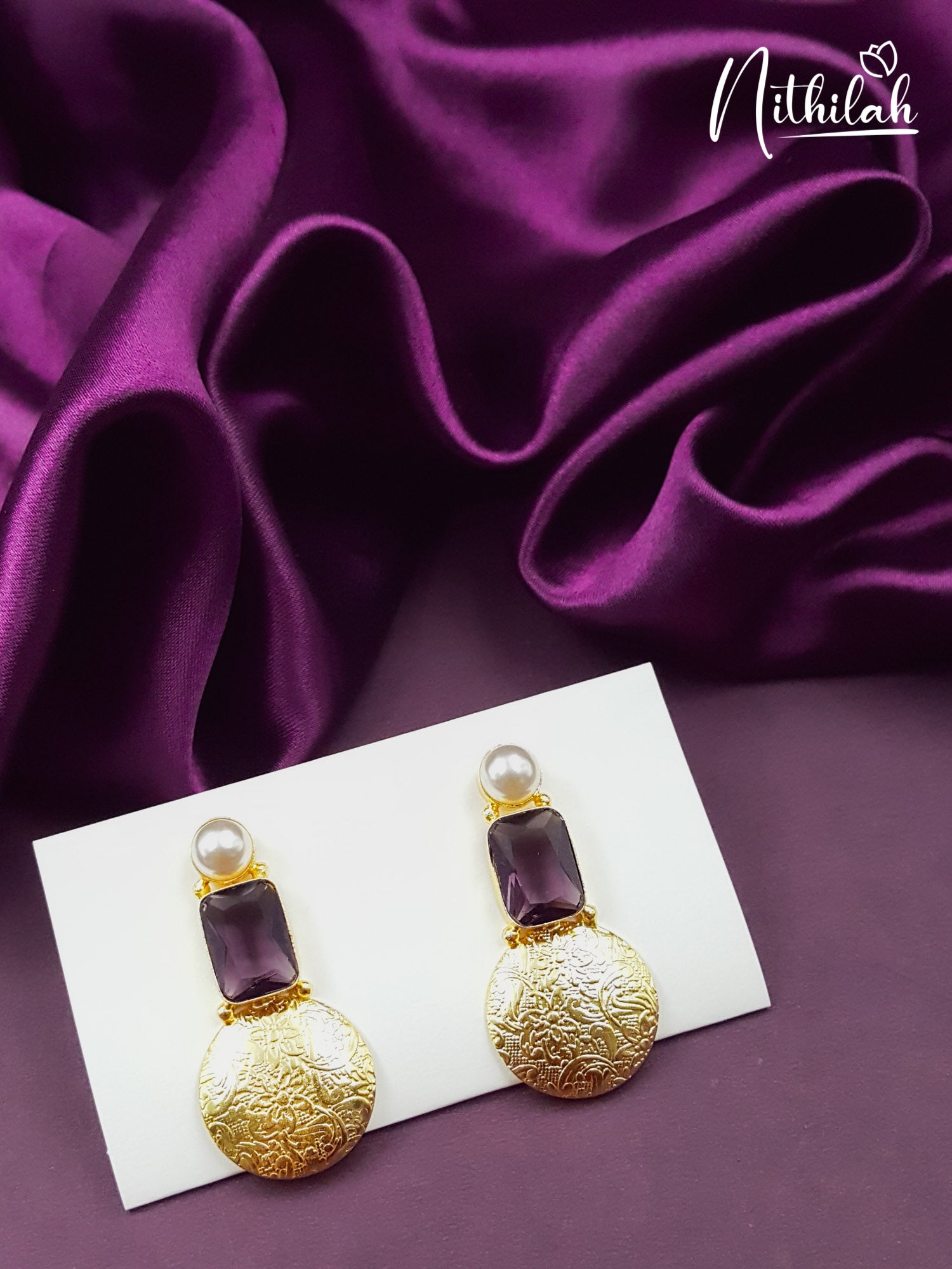 Purple Quartz Embossed Circle Gold Earrings 