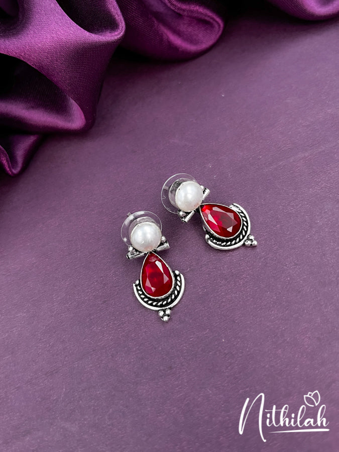 Oxidised Red Stones Drop Earrings