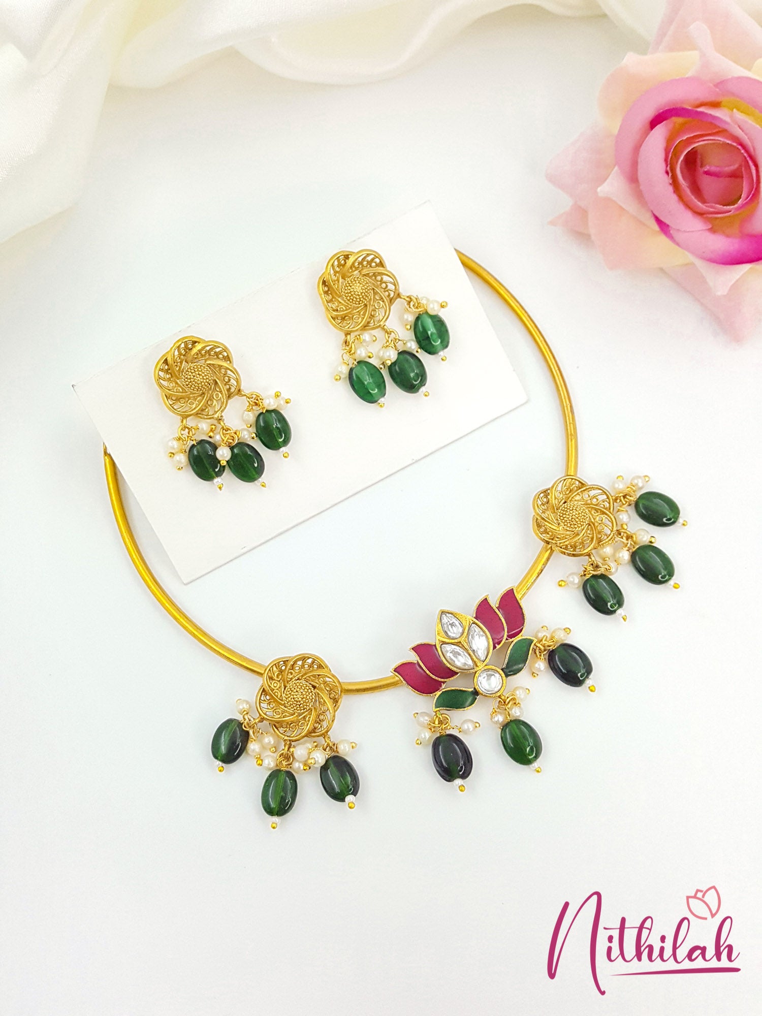 Round Flower Lotus Moissanite Beads Hasli Gold Plated Necklace Set