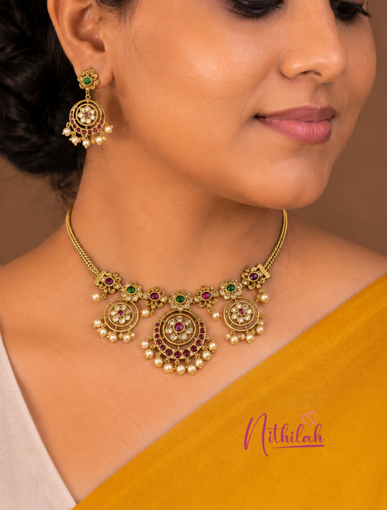 Ruby Green Antique Gold Temple Necklace Set with Pearl Drops for Women with Model