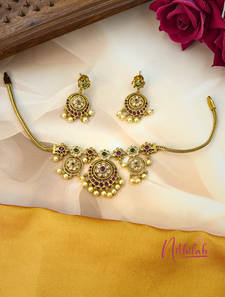 Ruby Green Antique Gold Temple Necklace Set with Pearl Drops for Women