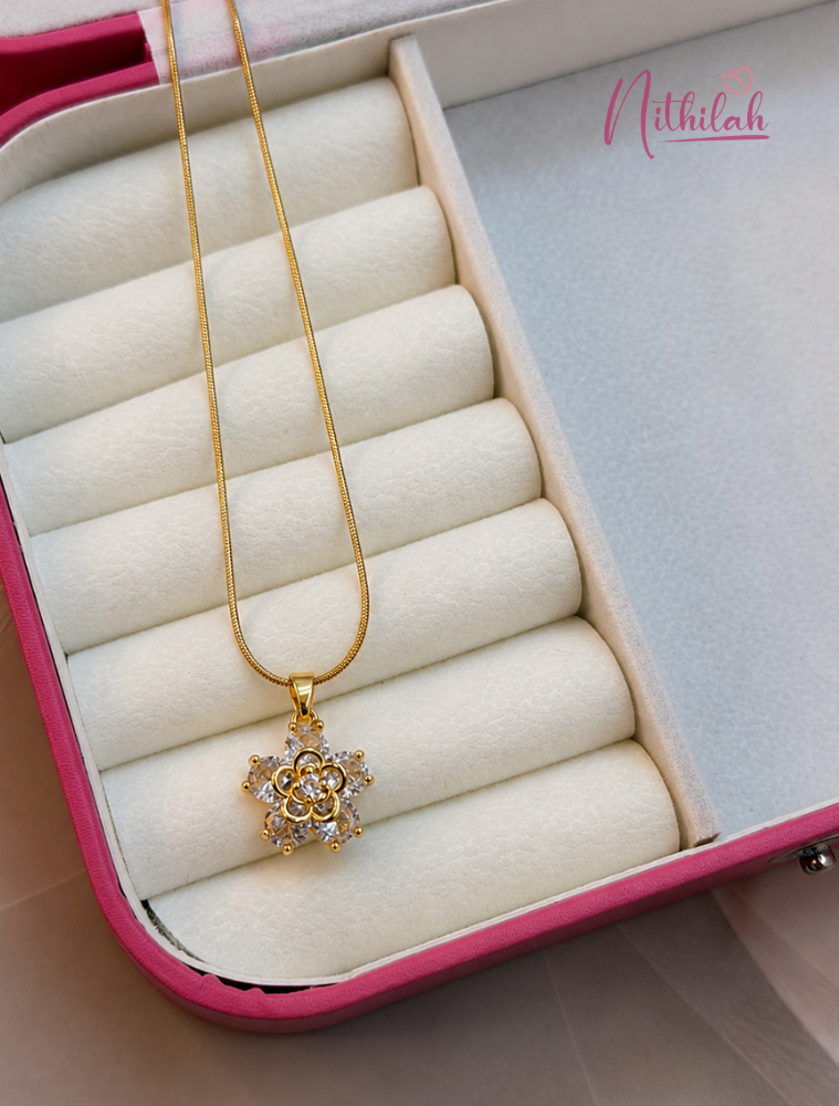 Anti-tarnish gold crystal floral pendant necklace displayed inside a premium jewellery box.