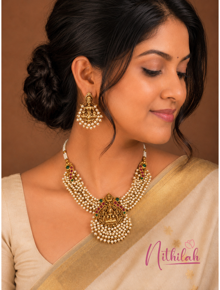Antique Lakshmi Pearl Temple Necklace Set with Matching Earrings | Antique Gold Finish