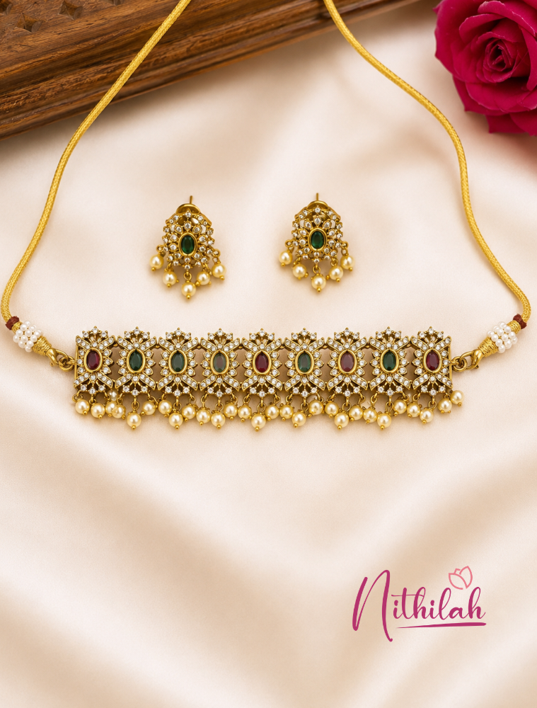 Gold Finish American Diamond Choker Necklace Set with Ruby Pink Stones, Green Stones, Pearl Drops and Matching Earrings