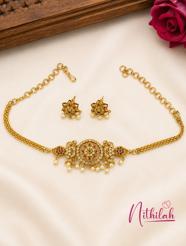 Gold Finish American Diamond Choker Necklace Set with Ruby Pink Stones, Green Stones, Pearl Drops and Matching Stud Earrings for Women