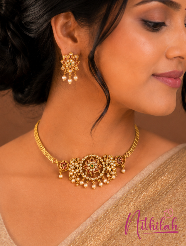 Woman wearing Gold Finish American Diamond Choker Necklace Set with Ruby Pink Stones, Green Stones, Pearl Drops
