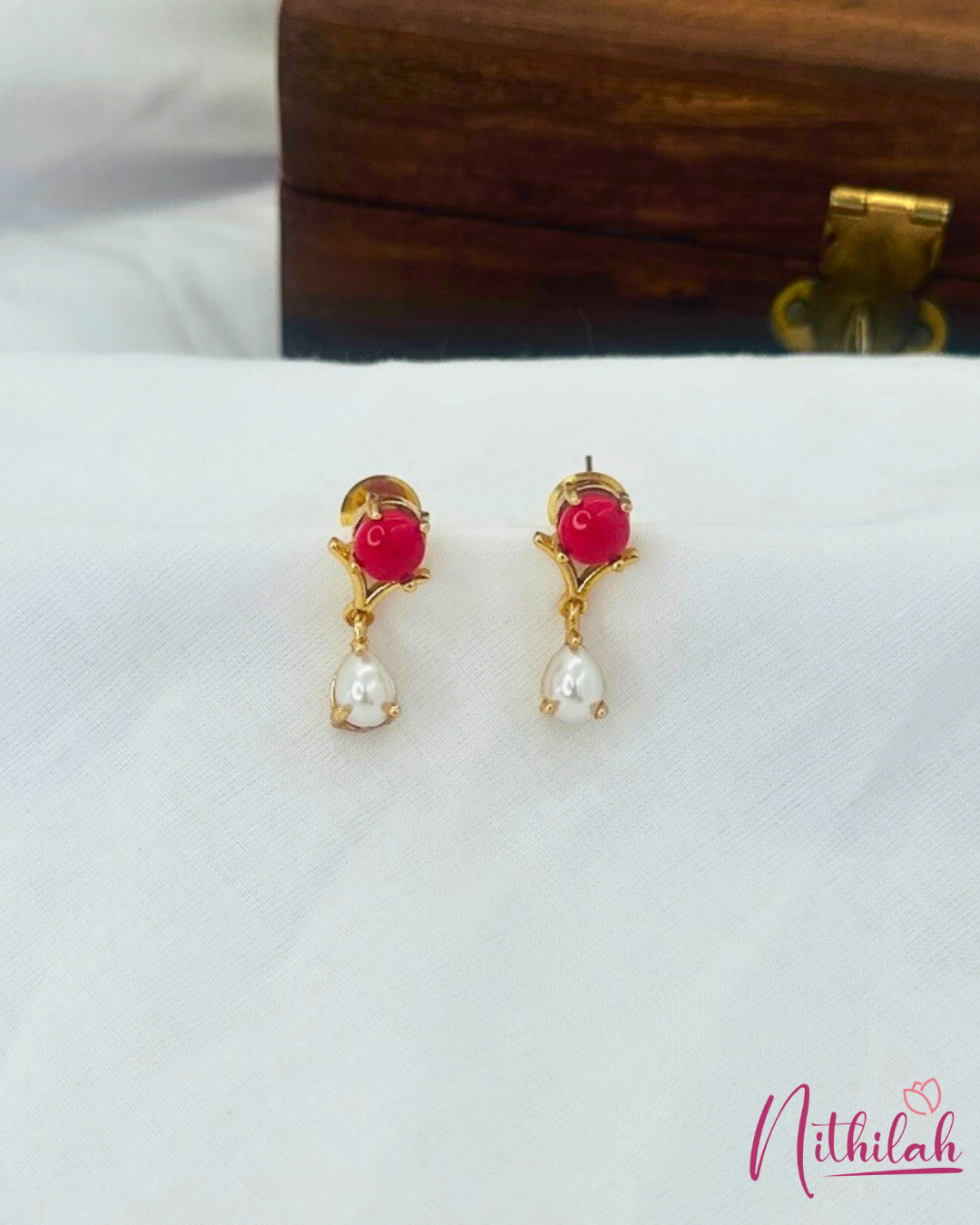 Coral Stone Pearl Earring Close-up – Gold Finish Imitation Jewellery Set by Nithilah