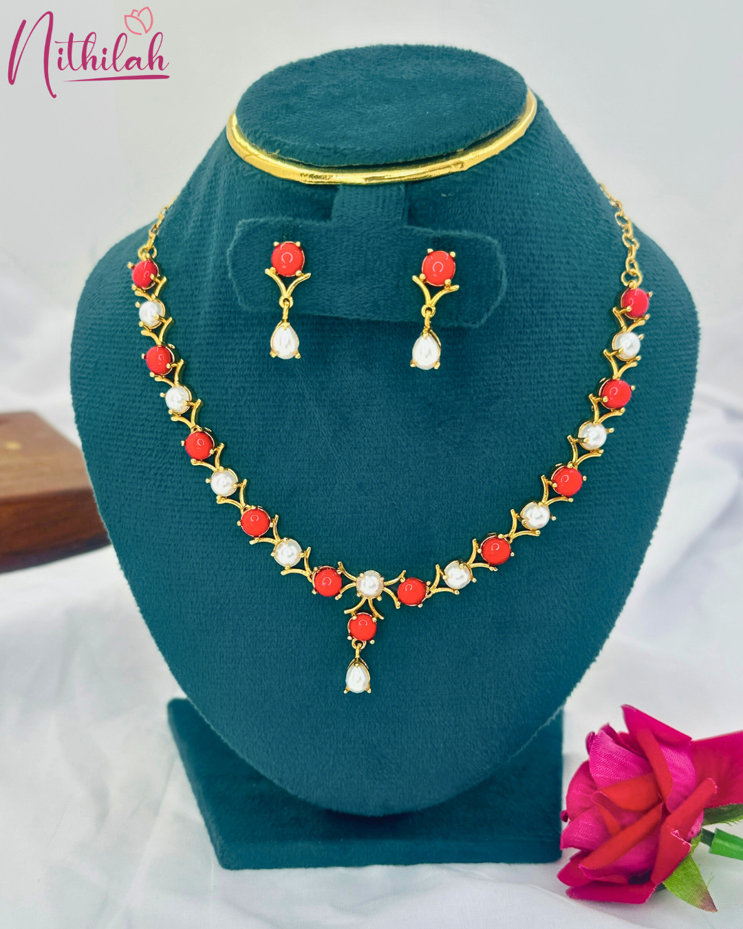 Gold Finish Coral Stone Pearl Necklace Set on Mannequin – Party Wear Jewellery for Women