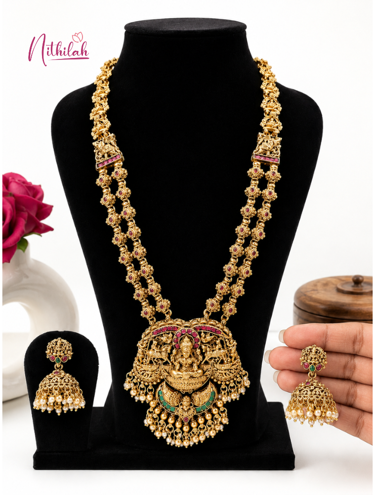 Gold Finish Lakshmi Double Layer Temple Haaram with Ruby Pink Stones,Green Accents and Matching Jhumka Earrings