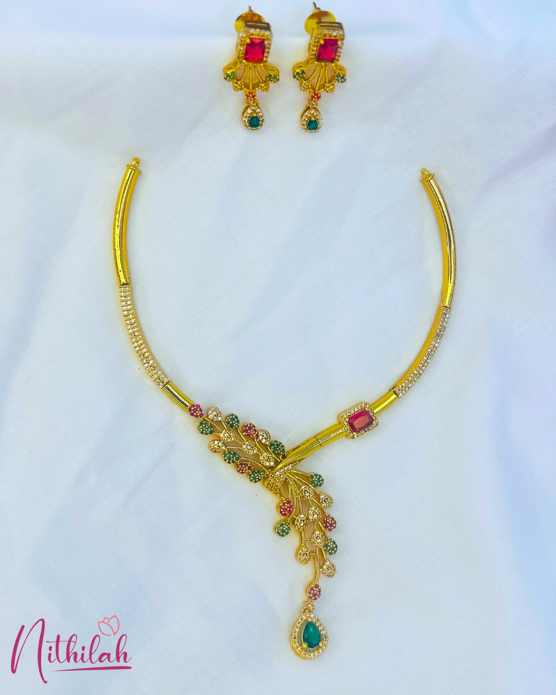 Gold Finish Leaf Design Necklace Set – Pink Green Stone, Party Wear Necklace by Nithilah