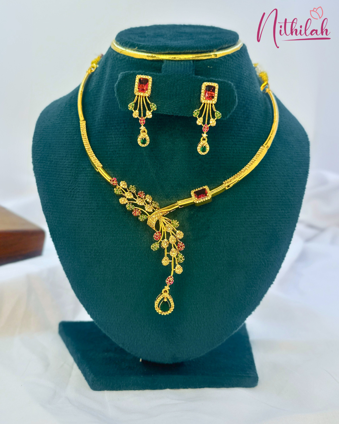 CZ Stone Detail – Gold Finish Leaf Necklace Set for Women by Nithilah