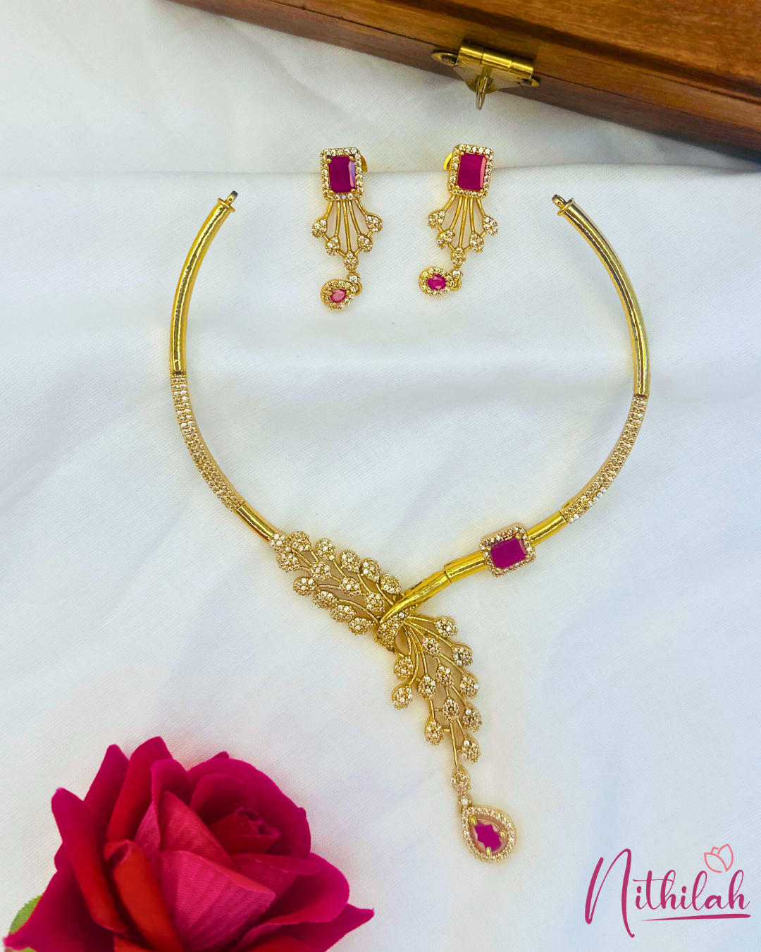 Gold Finish Leaf Design Necklace Set for Women – White CZ Stone, Imitation Jewellery India