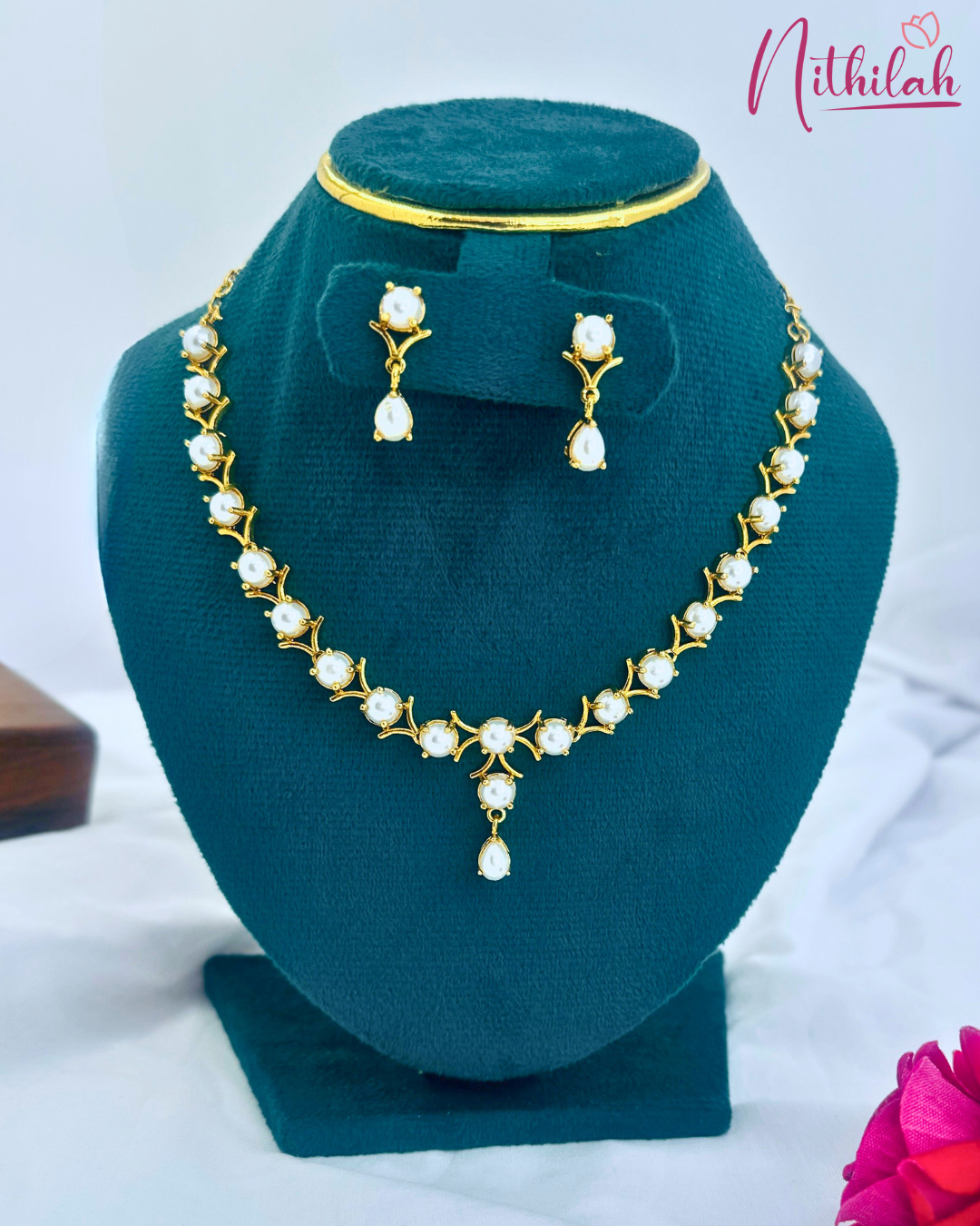 Women wearing Gold Finish Pearl Necklace Set – Festive Wear Jewellery