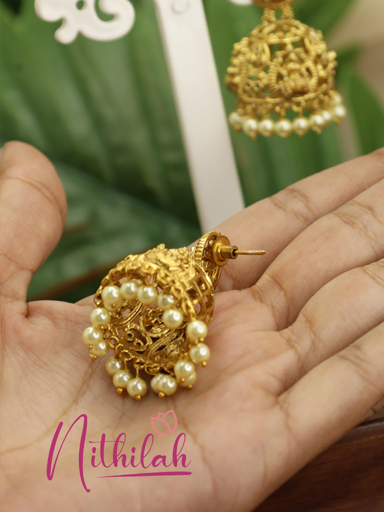 backside of gold-plated Lakshmi temple jhumka earrings 
